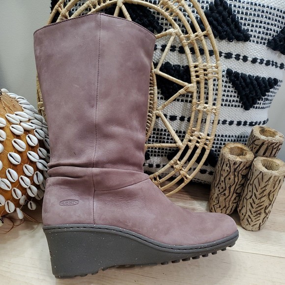 Keen Akita Wedge Slouchy Boots Mid Calf Pull On Mauve Leather Women's 10/40.5 - Picture 11 of 16